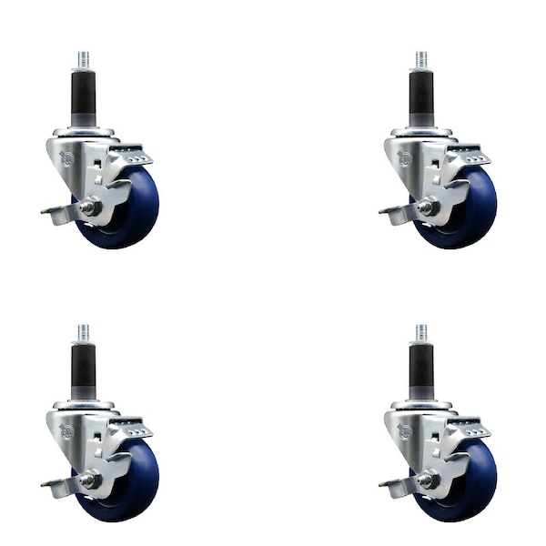 Service Caster 3'' SS Solid Poly Swivel 1-1/8'' Expanding Stem Caster Set with Brake, 4PK SCC-SSEX20S314-SPUS-TLB-118-4 - main